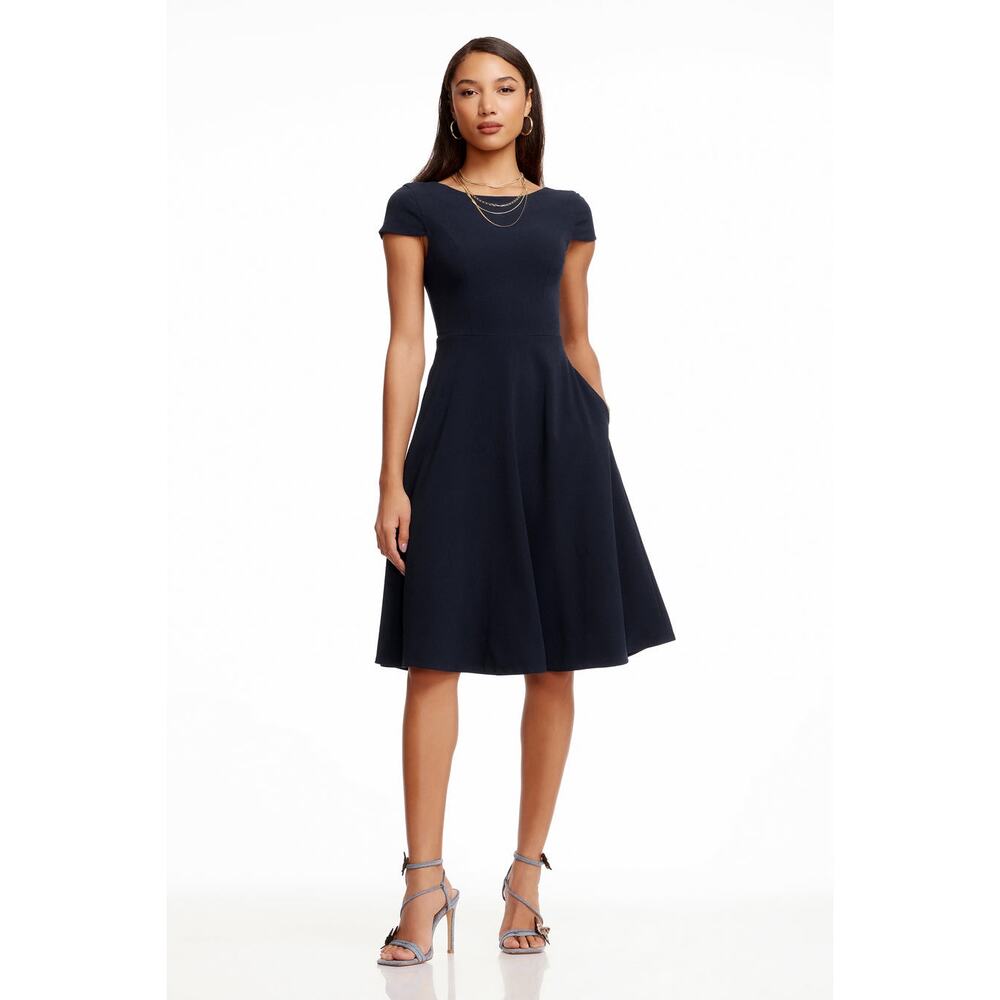NWT DRESS THE POPULATION Navy Livia Classic Elegant Classy Modest Midi Dress